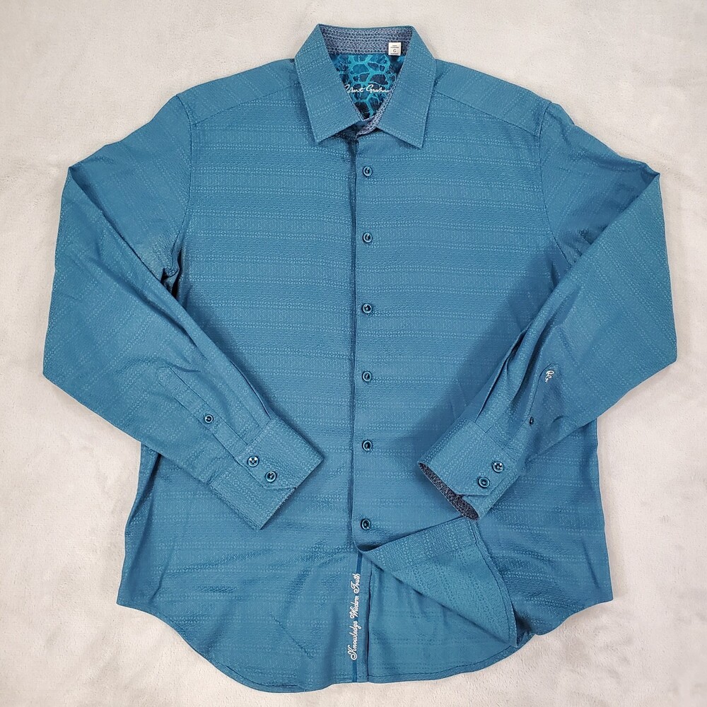 Robert Graham Sport Shirt Mens Large Classic Fit Teal Flip Cuff Embroidered